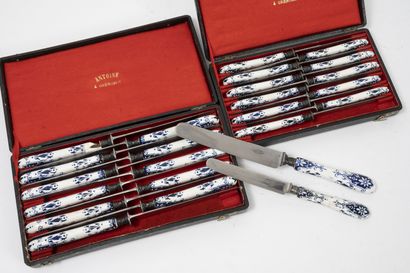 ANTOINE, à Grenoble Series of six table or cheese knives, with white ceramic handles...