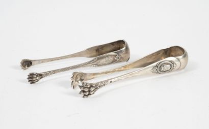 Two silver sugar tongs (950), with clawed...