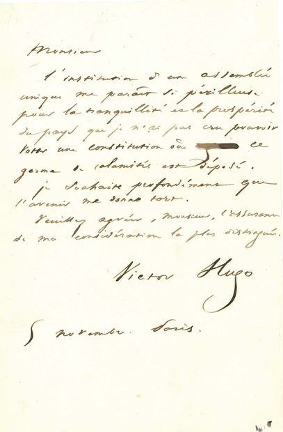 HUGO Victor (1802-1885). L.A.S. "Victor Hugo", Paris, November 5 [1848]; 1 page in-8.
The...