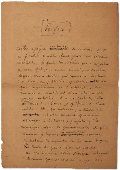 COCTEAU JEAN (1889-1963). MANUSCRIT autographe signé « Jean Cocteau », Préface, [1937]...