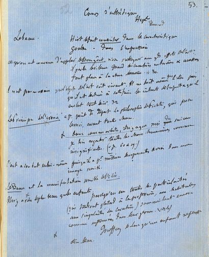 FLAUBERT Gustave (1821-1880). 2 MANUSCRITS autographes, Hegel Cours d'esthétique,...