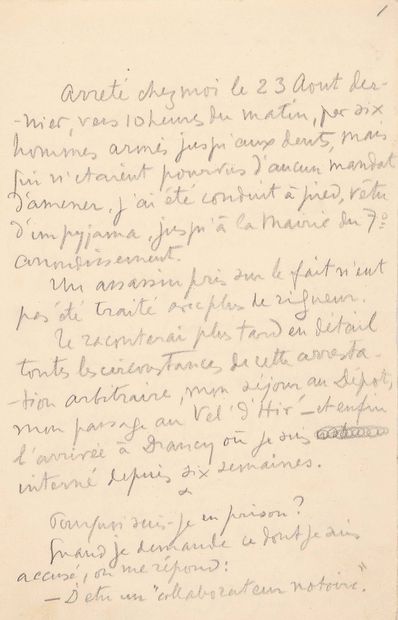 GUITRY Sacha (1885-1957). MANUSCRIT autograph signed, [Ma défense], Drancy October...