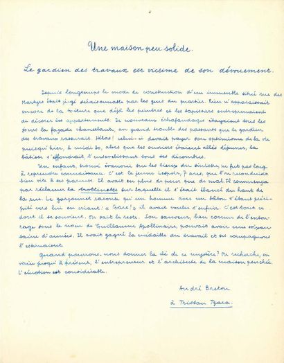 BRETON André (1896-1966). MANUSCRIT autographe signé « André Breton », Une maison...