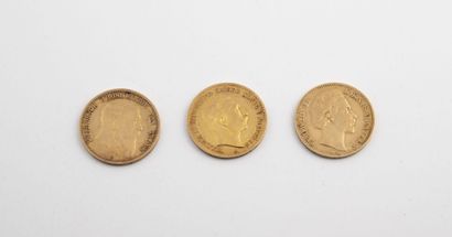 Allemagne Trois pièces de 10 marks or, 1872, 1904, 1909.

Poids total : 11,85 g.

Usures...