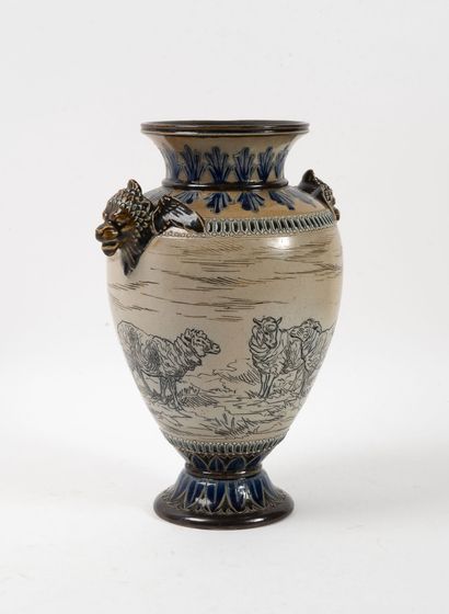 DOULTON LAMBETH Brown and blue enamelled ceramic baluster vase with incised ewe,...