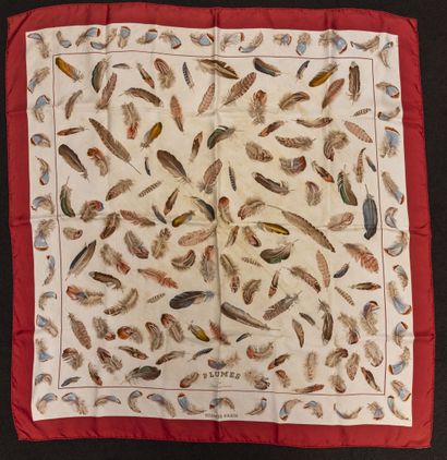 HERMES Paris Silk twill square printed "Feathers" on a cream background and burgundy...