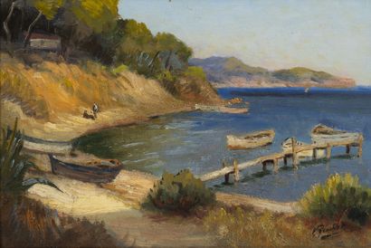 Victor SENCHET (1879-1973) Bord de mer au Brusc, près de Toulon.

Huile sur panneau.

Signé...