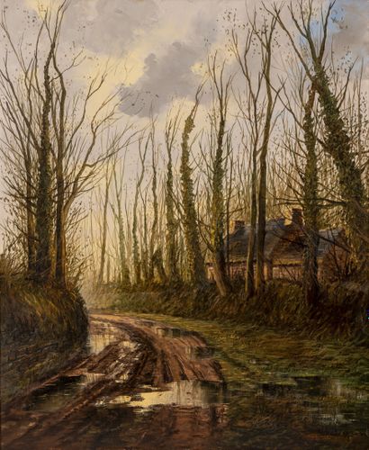 Raymond QUENCE (1932) Chemin creux détrempé en automne, dans la Sarthe.

Huile sur...