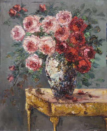 ECOLE FRANCAISE DU XXème siècle Bouquet de fleurs sur une console.

Huile sur panneau.

Signé...
