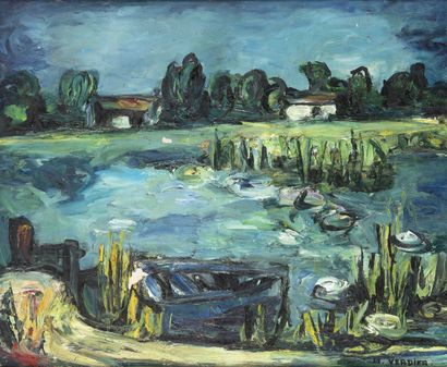 Maurice VERDIER (1919-2003) Marais à la barque bleue.
Huile sur toile.
Signée en...