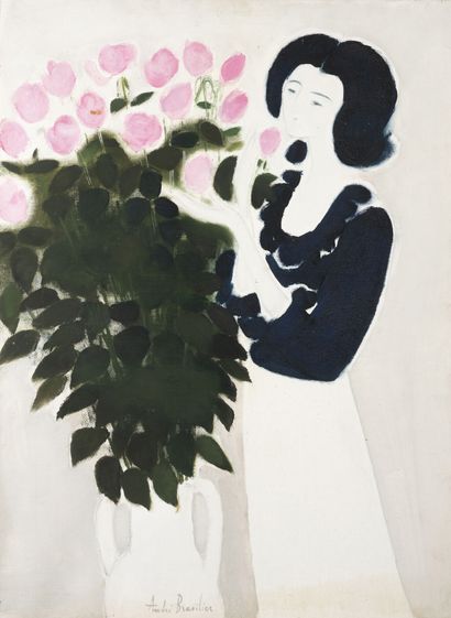 ANDRÉ BRASILIER (1929) Femme au bouquet de roses, 1975. Huile sur toile. Signée en...