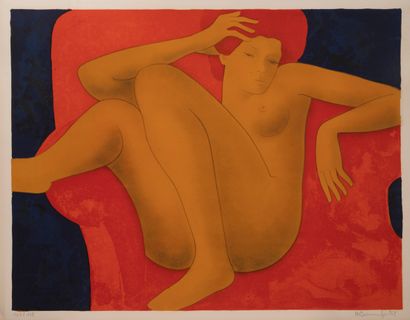 Alain Bonnefoit (1937) Nude on a red armchair.
Two lithographs in colors on paper.
Signed...