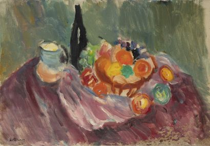 Charles CAMOIN (1879-1965) Fruit basket, bottle and small pot on pink linen, 1950....