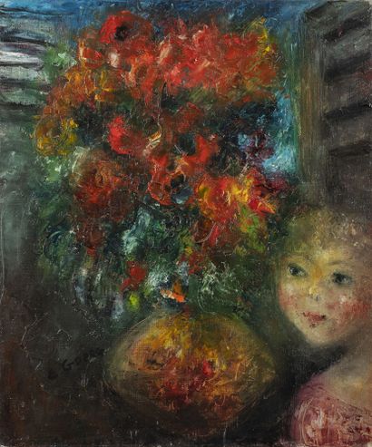 Edouard Goerg (1893-1969) Le bouquet rouge devant la fenêtre, 1957. Huile sur toile....