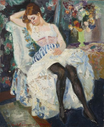 Louis BERTHOMMÉ SAINT-ANDRÉ (1905-1977) Femme assise.
Huile sur toile.
Signée en...