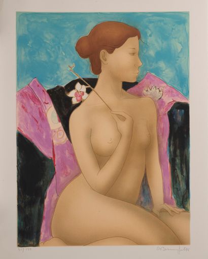 Alain Bonnefoit (1937) Femme à l'orchidée, 1986.
Lithographie en couleurs sur papier.
Signé...