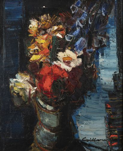 RODOLPHE CAILLAUX (1904-1990) Bouquet sur fond bleu.
Huile sur toile.
Signée en bas...