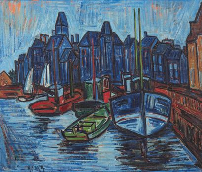 Isis KISCHKA (1908-1973) Le Croisic, Boats in the port.
Oil on canvas.
Signed lower...