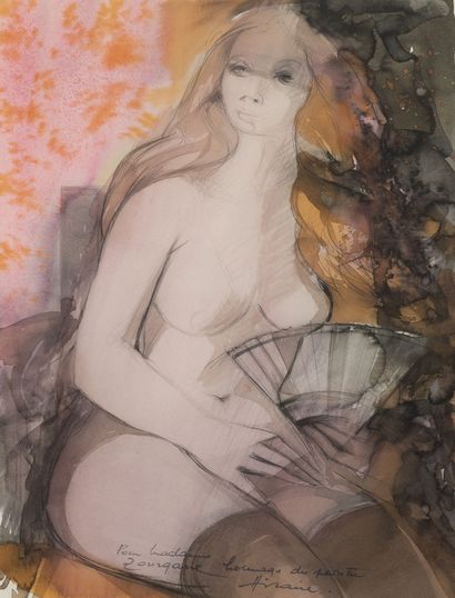 Camille HILAIRE (1916-2004) Nude with a fan.
Graphite, ink and watercolor on paper.
Signed...