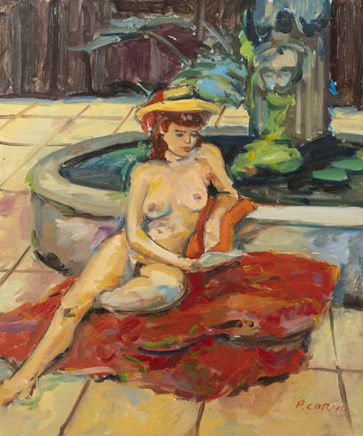Pierre CORNU (1895-1996) Nude reading near the pond. Oil on canvas. Signed lower...