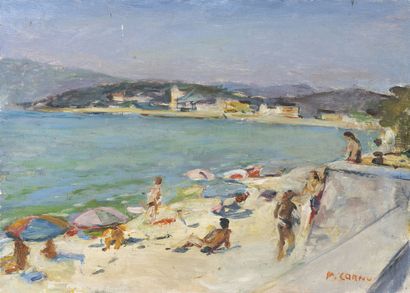 Pierre CORNU (1895-1996) Plage animée.
Huile sur toile.
Signée en bas à droite.
33...