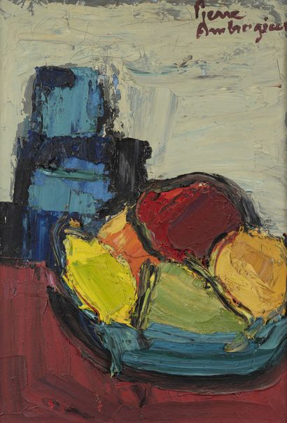 Pierre AMBROGIANI (1907-1985) Nature morte au vase bleu. Huile sur toile. Signée...