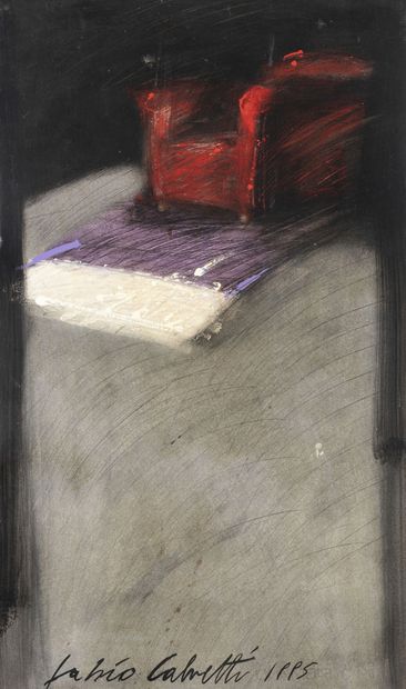 Fabio CALVETTI (1956) Fauteuil rouge, 1995.
Mixed media on paper, pasted on canvas.
Signed...
