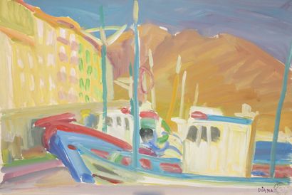François DIANA (1903-1993) Landscape with horses and the port of Marseille. Two gouaches...