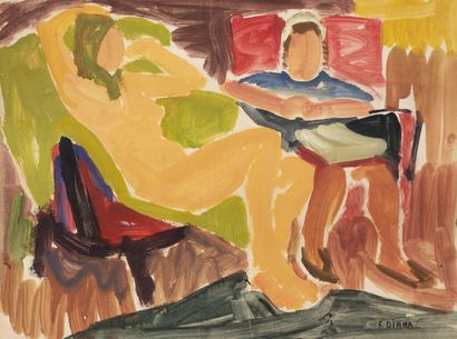 François DIANA (1903-1993) Deux personnages.
Gouache sur papier.
Signé et tampon...