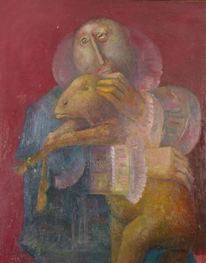 Blasco MENTOR (1919-2003) The Paschal Lamb. Oil on canvas. Signed lower right. Countersigned...
