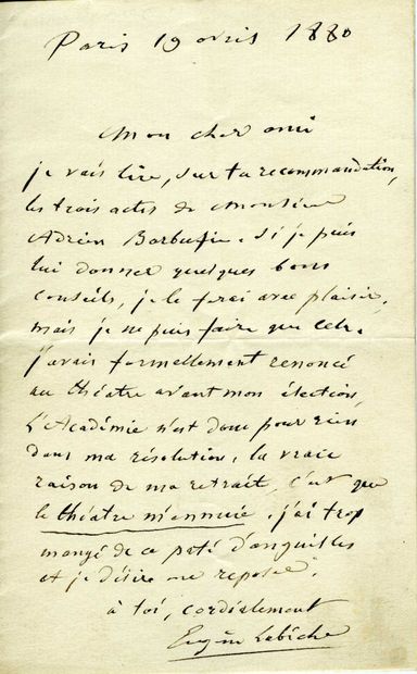 LABICHE Eugène (1815-1888) [AF 1880, 15e f]. 4 L.A.S. « Eugène Labiche », 1844-1880...