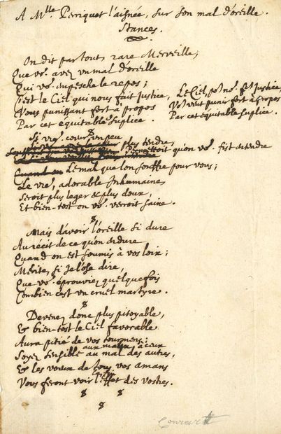 CONRART Valentin (1603-1675) poète, philologue, conseiller du Roi, c'est chez lui que se réunissait le groupe de lettrés qui donna naissance à l'Académie Française, dont il fut membre fondateur et le premier Secrétaire perpétuel [AF 1634, 2e f].
