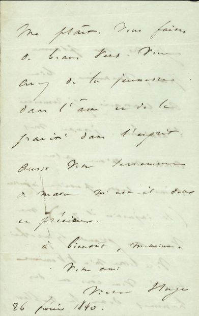 HUGO Victor (1802-1885) [AF 1841, 14e f]. L.A.S. « Victor Hugo », 26 février 1840,...