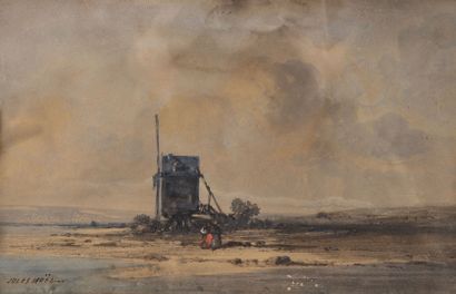Attribuée Jules NOEL (1810-1881) Paysage au moulin, animé de personnages.

Aquarelle...