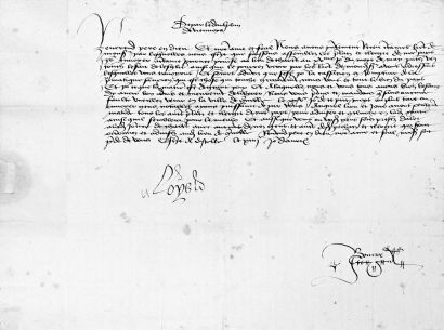 LOUIS XI Pièce signée. 16 Mai; une page in-4 obl. sous chemise de mar. fauve, armes...