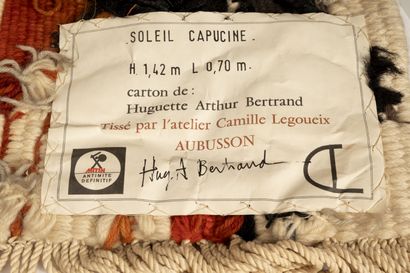Huguette Arthur BERTRAND (1922-2005) Soleil capucine.

Tapisserie en laine polychrome.

Signée...