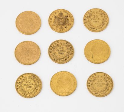 France Lot de 9 pièces de 20 francs or, Paris, 1855, 1858, 1859, 1860, 1867, 1897...