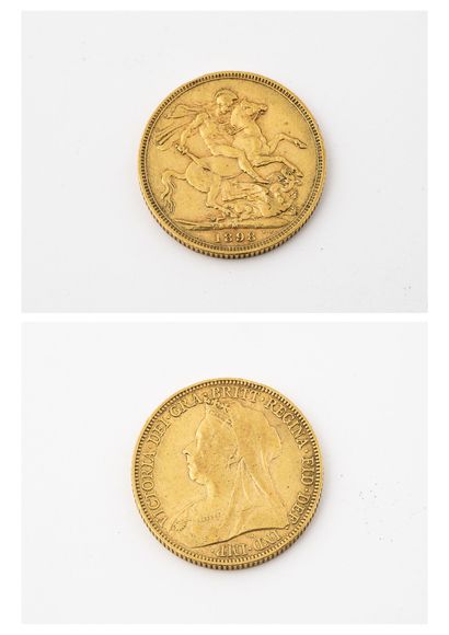 Angleterre Pièce d'un souverain or, 1898. 

Poids : 7.9 g. 

Usures.