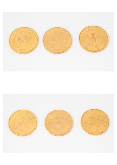 ETATS-UNIS Lot de trois pièces de 20 dollars or, 1898, 1906, 1908.

Poids total :...