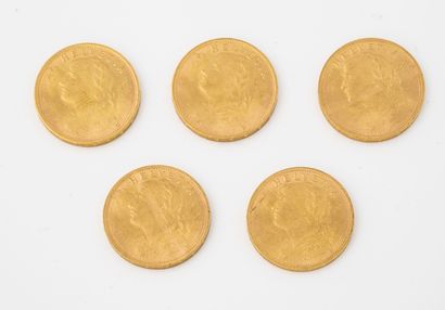 SUISSE Lot de cinq pièces de 20 francs or, 5 x 1935, B. 

Poids total : 32.6 g. 

Quelques...