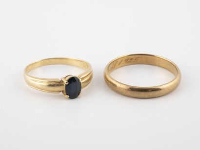 null Two rings : 

- A yellow gold (750) ring centered with an oval-cut faceted sapphire...