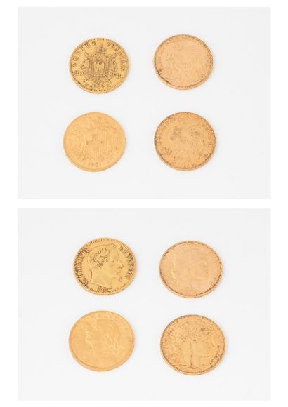 FRANCE et SUISSE Lot of four coins including :

- three 20 franc gold coins, French,...