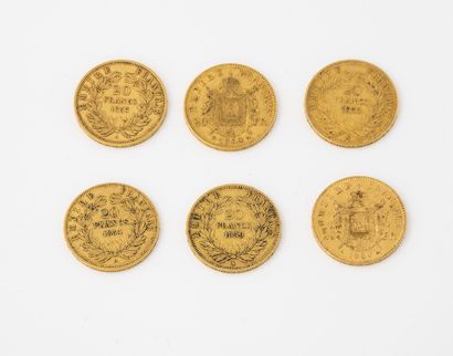 France Lot of 6 pieces of 20 francs gold, Paris 1853,1854, 1859, 1860, 1869, Strastbourg,1864.

Total...
