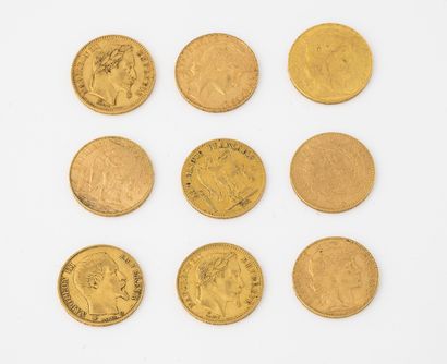 France Lot of nine twenty francs gold coins, Paris, 1848, 1856, 1865 1868, 1897 (x2),...