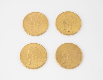 ETATS-UNIS Lot of four 20 dollars gold coins, 1904 (x 4).

Total weight : 133.6 g....