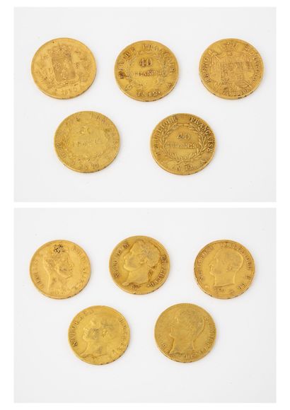 FRANCE ET ITALIE Lot of 5 gold coins : 

- 1 of 40 francs Charles X, 1830, Paris.

-...