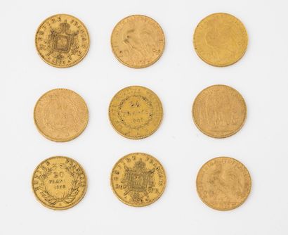 France Lot de neuf pièces de vingt francs or, Paris, 1848, 1856, 1865 1868, 1897...