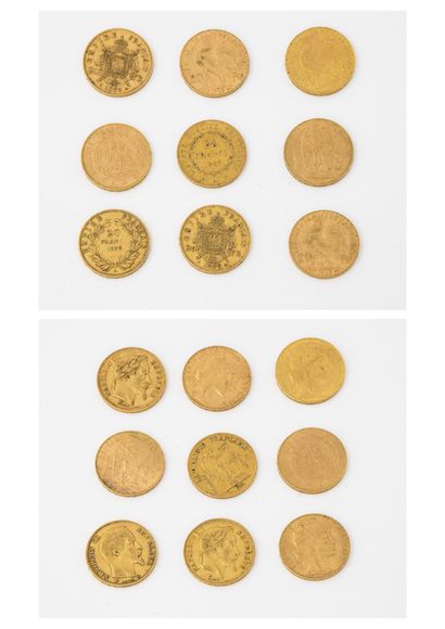 France Lot de neuf pièces de vingt francs or, Paris, 1848, 1856, 1865 1868, 1897...