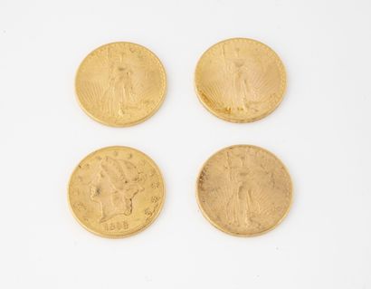 ETATS-UNIS Lot de quatre pièces de 20 dollars or, 1898, 1910, 1924, 1928.

Poids...
