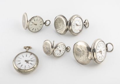 null Lot of five silver pocket or collar watches (800). 

Back covers with chased...